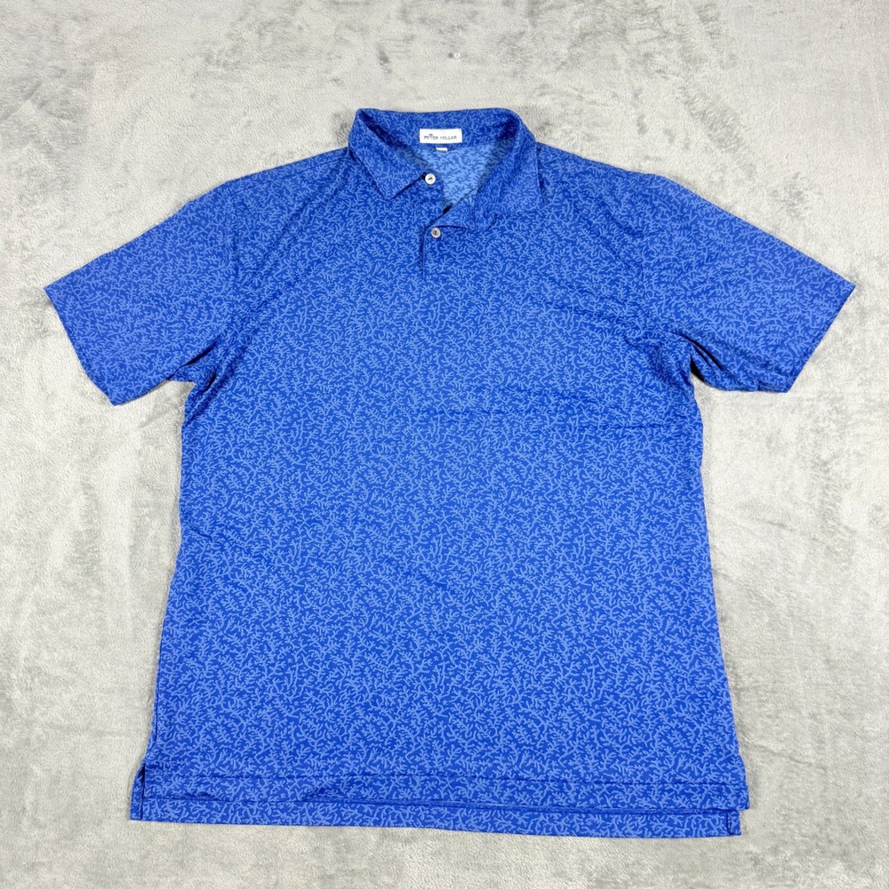 Peter Millar Mens Large Polo Shirt Blue Coral AOP Performance Short Sleeve
